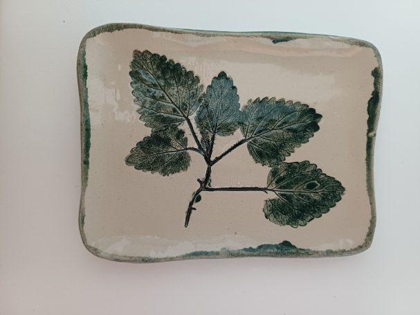 keramisch schaaltje met groene bladeren op een lichte achtergrond.